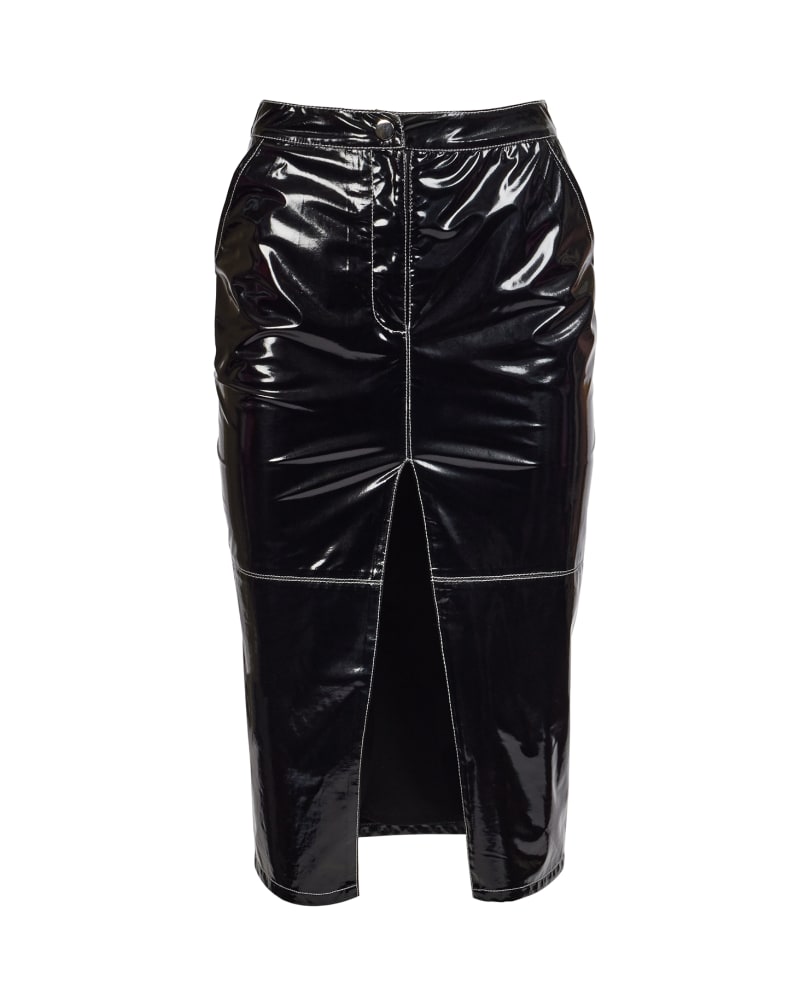 Front of a size 4X Patent Pencil Skirt in Black by Hilary MacMillan. | dia_product_style_image_id:288117